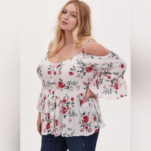 Torrid White Floral Cold Shoulder Blouse Size 0 (XL) - Picture 2 of 8